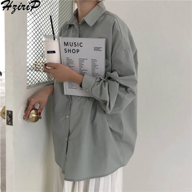 Baratos HziriP Blusas de mujeres de la primavera de 2019 sólida blusa holgada casual vacaciones del todo fósforo mujeres Tops Camisas Blusas Camisas Mujer 4 colores