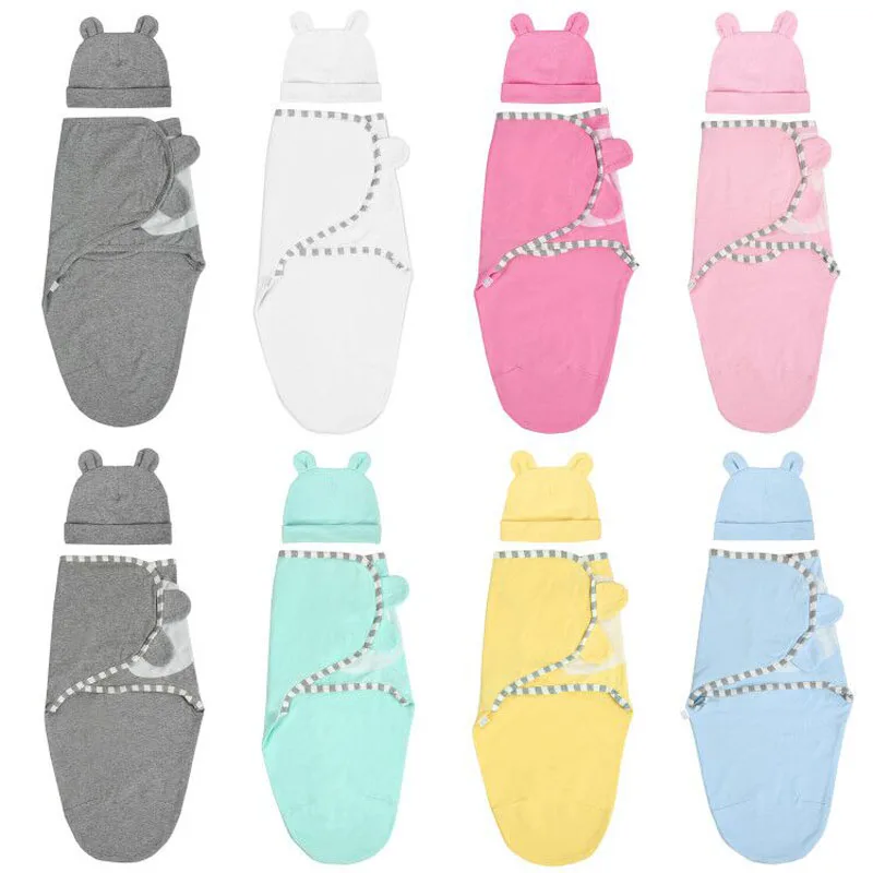 

Cotton Baby Swaddle Blanket with Adjustable Wrap 2 Pieces Set Newborn Swaddle Wrap +Hat Infant Receiving Blanket Sleeping Bags