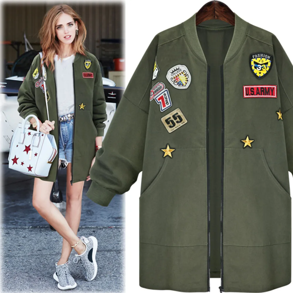 Bomber Automne Badges Imprimer 5xl Manteaux Femmes Long Green Jecket Arrivée Baseball Outwear army Plus Taille Kenancy Black Nouvelle Zipper Patché Mode 3d qEwFIFf
