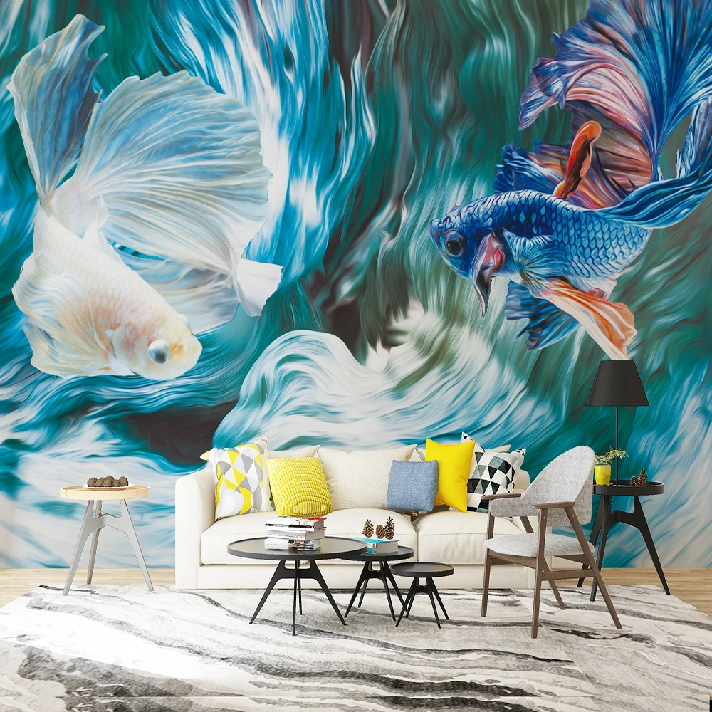 Custom wallpaper 3D creative blue white Siamese fighting fish painting living room wall - healthy silk waterproof material Custom wallpaper 3D creative blue white Siamese fighting fish painting living room wall - healthy silk waterproof material