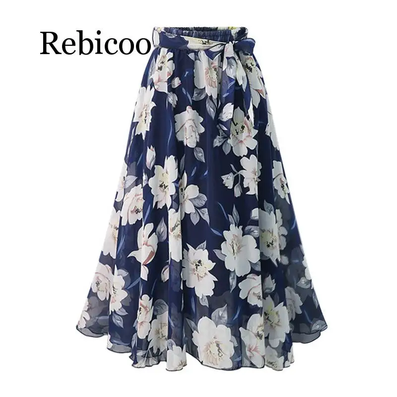 

New Plus Size Women Chiffon Skirt Europe Fashion Bow Saia Midi Lining Jupe Femme Lace Up Falda Mujer Summer Print Floral Skirts