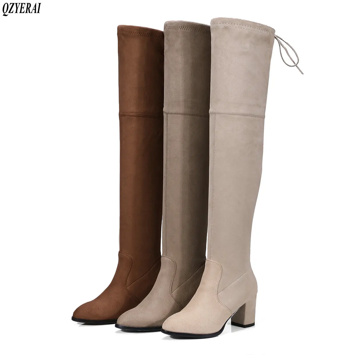 

QZYERAI 2018 New arrival high heels over knee boots women's boots back ribbon vintage casual women's shoes size 34-43