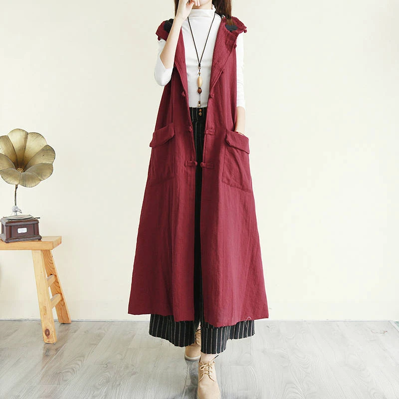 Online Vintage Ethnische Hoodie Lange Weste Frauen Lose Große Tasche Handarbeit Art Plus größe Ärmellose Jacke Damen Colete