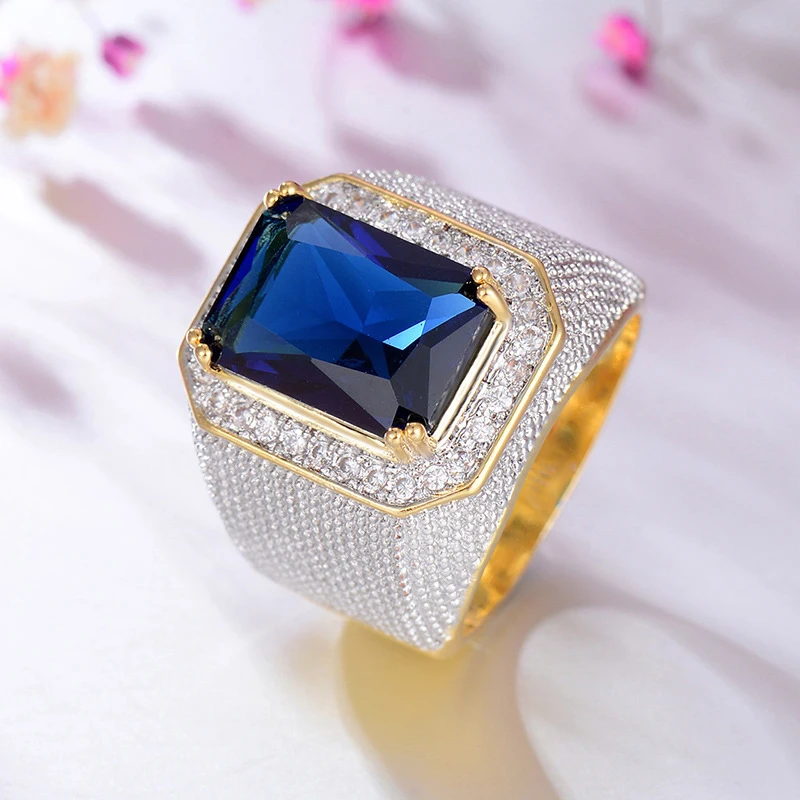 Высокое качество Золотой цвет AAA CZ большие синие Черные прямоугольный Хрустальный мужские кольца модные брендовые украшения для вечерние свадебные кольца Размер 7-12