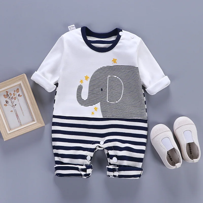 PatPat Spring and Autumn New Cotton Casual Baby Striped Elephant Print Jumpsuit Crawling Boots Newborn