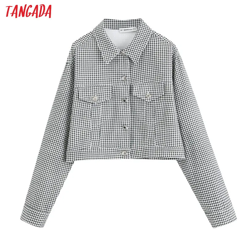 

Tangada fashion women plaid denim jeans jackets 2019 streetwear pocket casual wear pockets coat ladies short style tops BE644
