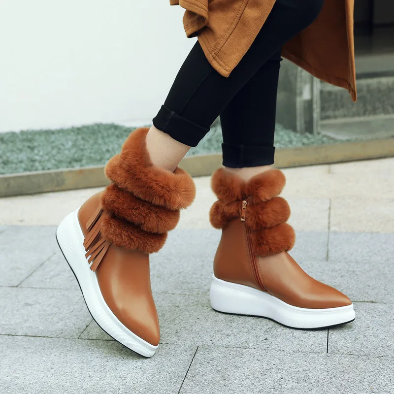 

YMECHIC 2018 Winter Rabbit Fur Tassel Genuine Leather Platform Ankle Boots Zip Women Wedges Pointed Toe Ladies Shoes Black Camel