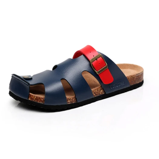 Шлепанцы; размер 45; обувь с закрытым носком; пляжные черные шлепанцы на ремешке; мужские сандалии на большой платформе; кожаные летние модные шлепанцы - Цвет: red blue