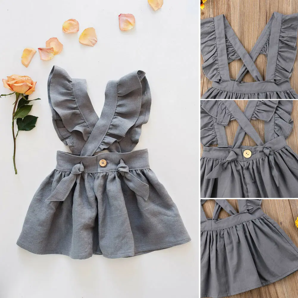 Hot Sale Baby Girls Solid Cross Strap Tutu Princess Dress Ruffle Dress Cotton Overall Summer Party Cross Strap Sundress