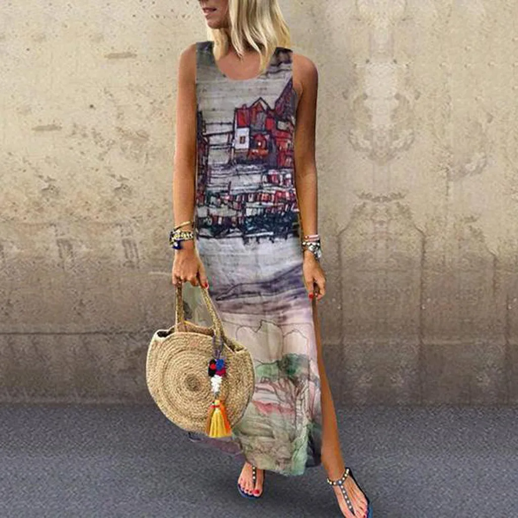 

Feitong Women 2019 Summer Silk Chiffon Dress Ladies Retro House Pattern Sleeveless Split Beach Long Dress Vestidos Verano 2019