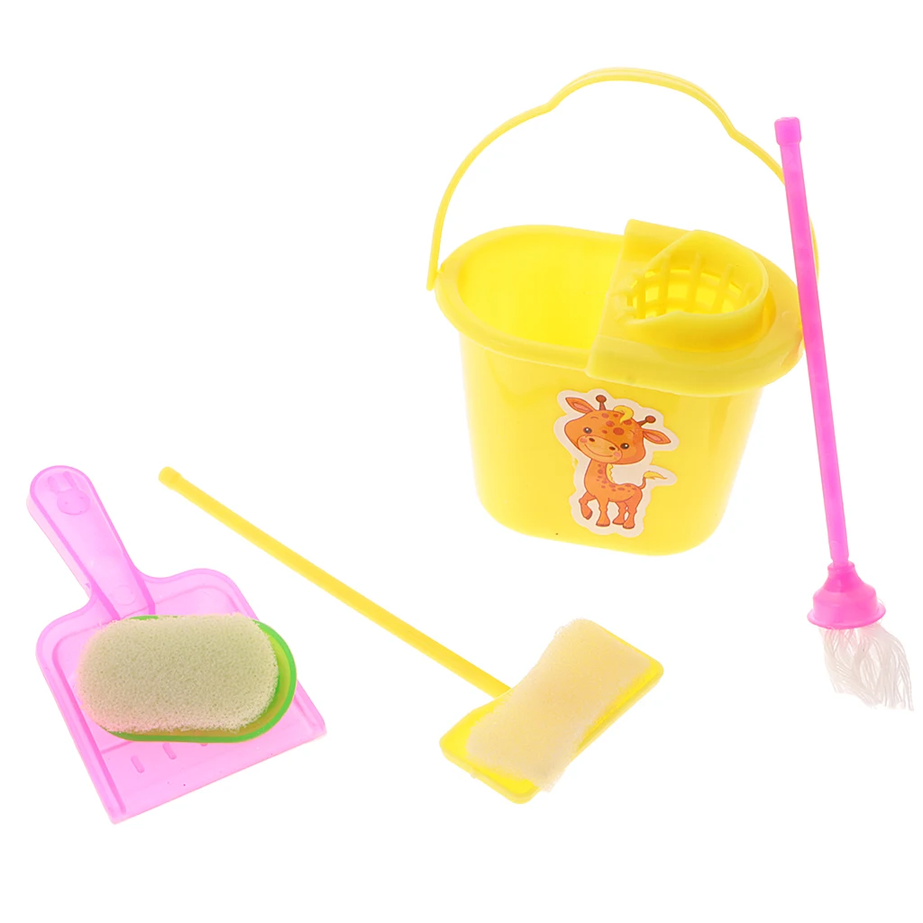5Pcs Dollhouse Miniature Mop Bucket Brush Cleaning Tools Set for Doll