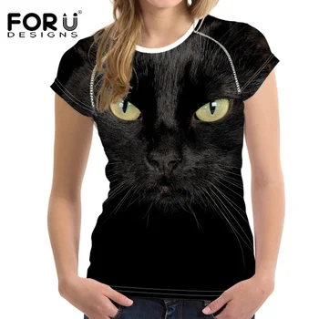 

FORUDESIGNS Black Cool Pet Cat Pattern Women T shirt Summer Soft Short Sleeve Casual T-shirt Elastic Tees for Ladies Plus Size