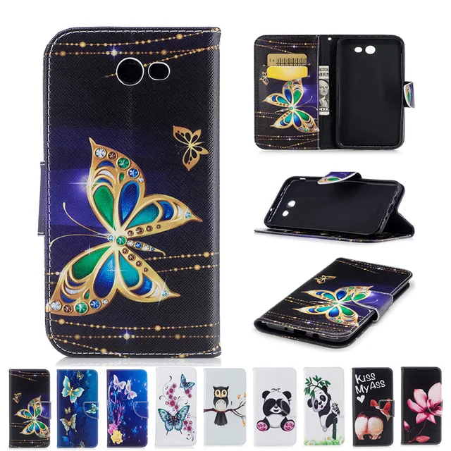 For Galaxy J7 Sky Pro TPU Case Flower Butterfly Panda Owl Pattern Wallet Leather Cover For