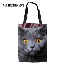 WHEREISART складной эко многоразовые сумки для покупок кошка и собака печати животных для женщин Tote плеча большой кошелек Bolsa Feminina