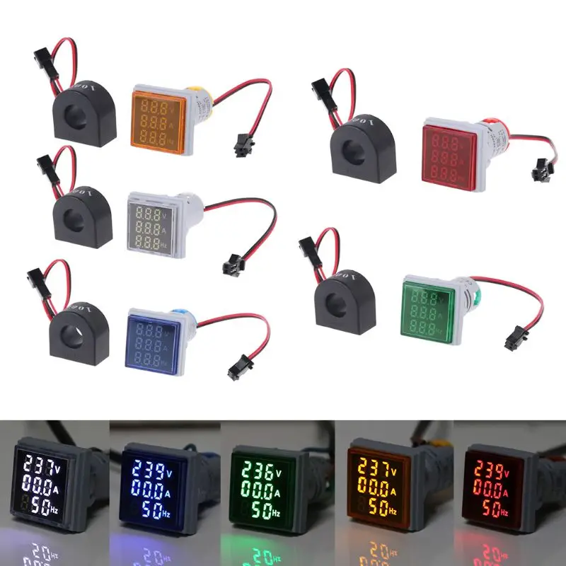 

Digital 3in1 AC Ammeter Voltmeter Hz Current Frequency Meter Square Signal Light 22mm Digital Voltage Amp Hz Led Lamp Indicator