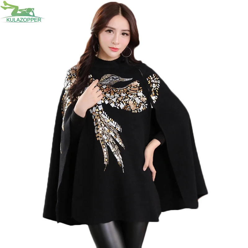 

Fashion Sweater Women Bat Sleeves Wrap Cashmere Cloak Coat Bird Pattern Beading And Sequins Shwal Loose Woolen Female Cape Er56