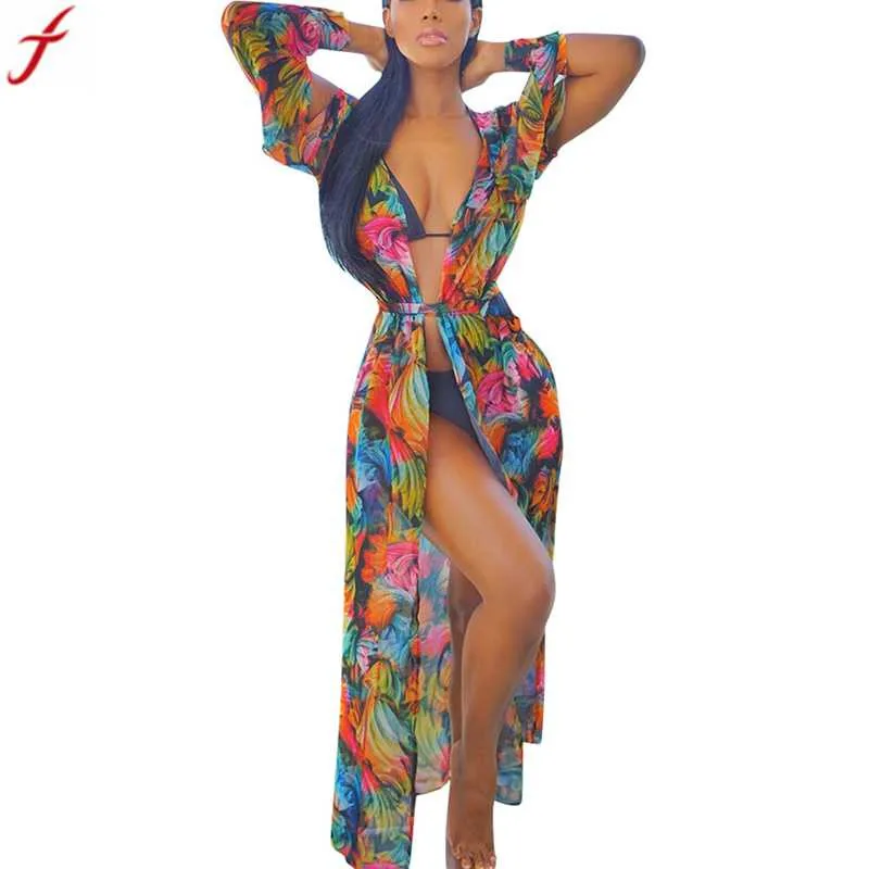 

Bohemian Floral Print Chiffon Kimono Cardigan 2019 Summer Full Sleeve Blouse Long Kimono Cover Up Open Cape Casual Coat #2