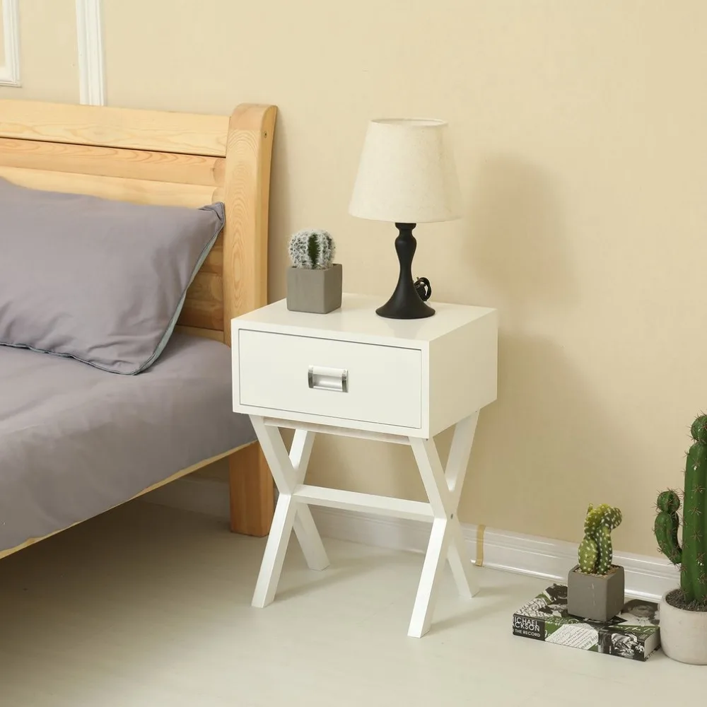 Newest Bedside Desk Tea Table Couch Side with One Drawer X Leg Modern Retro Decor Furniture Storage Bedroom Living Room