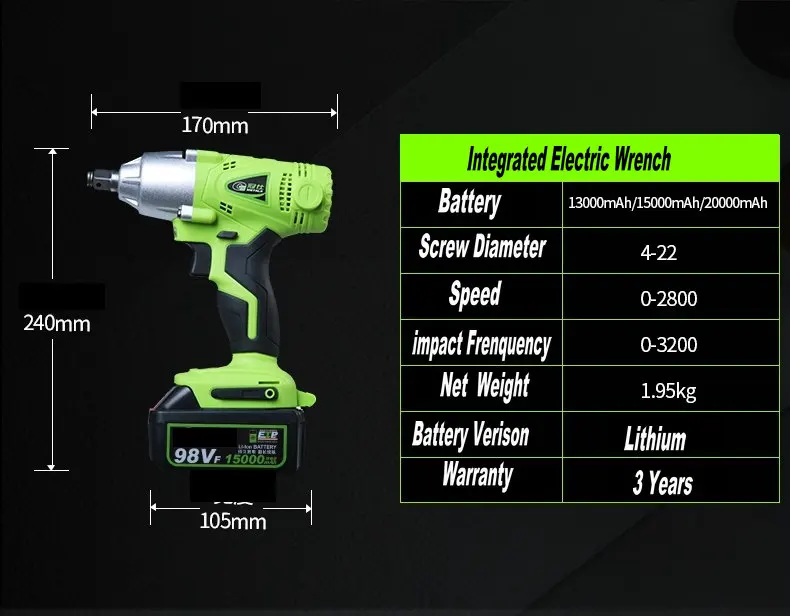 98VF 15000amh встроенный Аккумуляторный Электрический Гайковерт ударный торцевой ключ Li батарея ручная дрель молоток электроинструменты с подарком