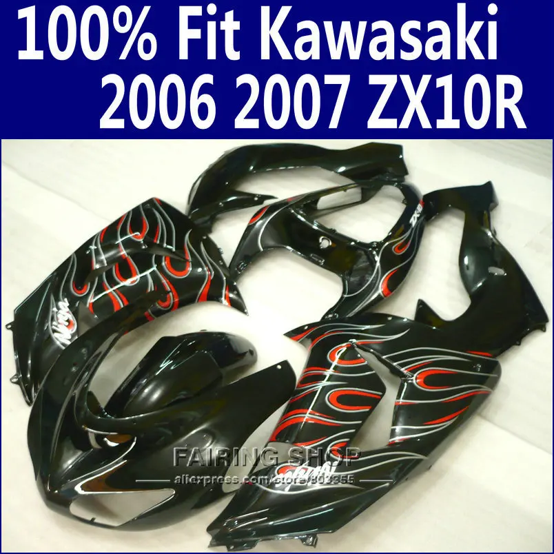 

zx10r 2006 2007 06 07 Fairings For Kawasaki Ninja Injection mold Fairing kit black Red flames x08