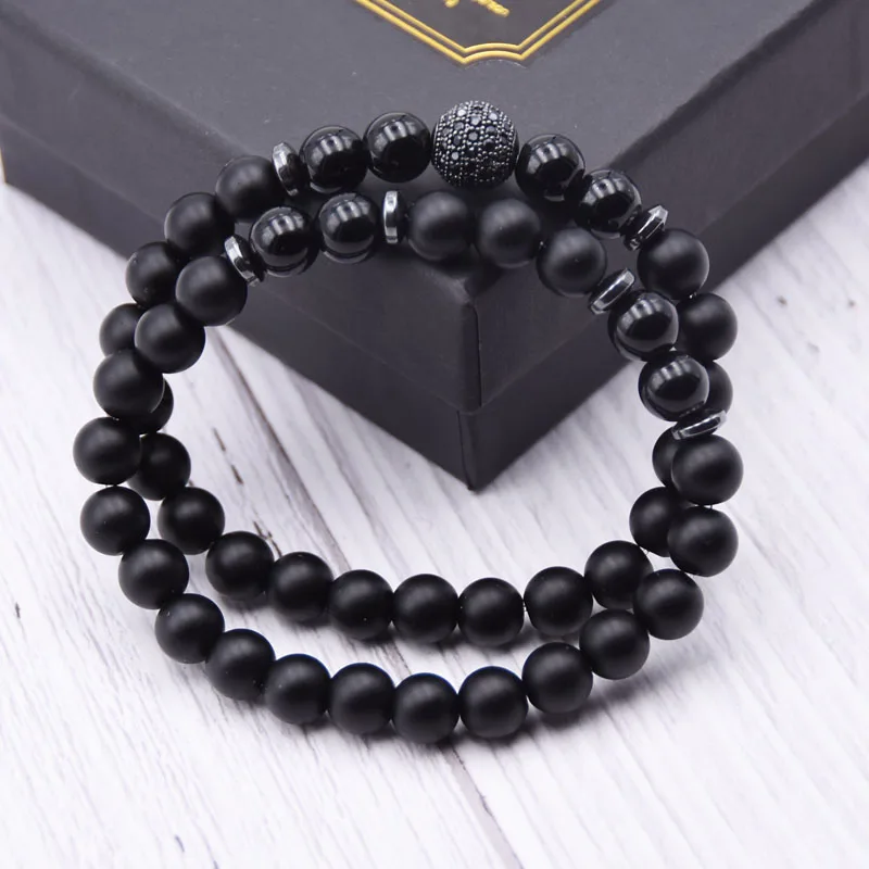 

KANGKANG 2PCS/set Retro 8mm Matte Black bead Bracelets For Men&Women Micro pave CZ Metal ball classic Bracelet Jewelry 2019