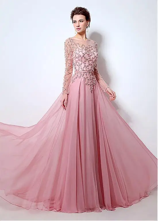 New-2017-Blushing-Pink-Sparkly-Beaded-A-line-Chiffon-Prom-Dresses-Long-Sleeves-Sheer-Real-Evening (2)