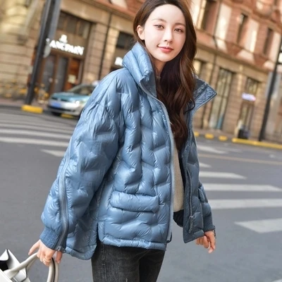 Блестящая зимняя куртка-пуховик для женщин, белое пуховое пальто, короткое свободное модное пальто-парка, женская теплая верхняя одежда Okd624 - Цвет: blue