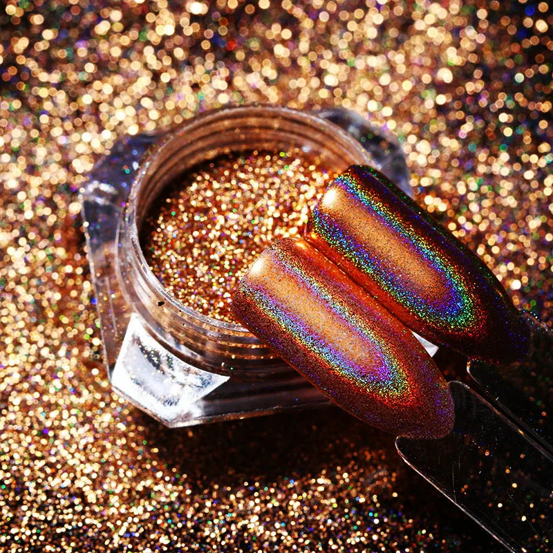 

1Box Champagne Rose Gold Holographic Nail Glitter Mirror Rainbow Nail Art Powder Chrome Pigment Dust Manicure Decoration