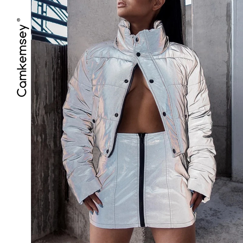 

CamKemsey Streetwear Night Reflective High Waist Mini Skirts Women 2019 New Ladies Party Club Sexy Zippers Bodycon Skirts