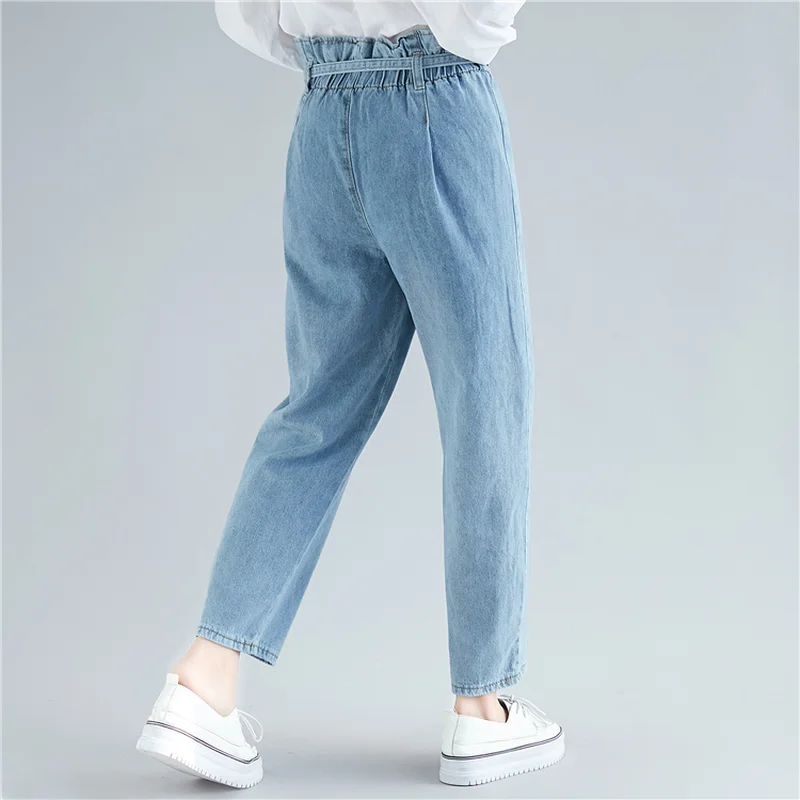 Женские джинсы с высокой талией, корейский стиль, эластичная талия, синие джинсы, джинсовые штаны, повседневные свободные брюки с карманами, брюки с поясом, женская одежда
