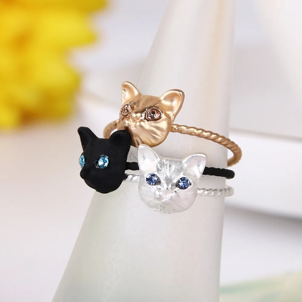 

Vivid Cat Head Shiny Crystal Eyes Thin Voluble Band Lovely Golden Silver Black Rings For Women