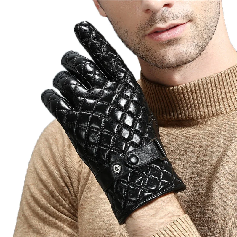 New Men Touch Screen Leather Plaid Gloves Winter Thermal Motorcycle