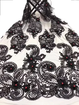

French Bead Lace Fabric Black 2019 Latest African Mesh Tulle Lace Fabric Gold Line Nigerian Guipure Lace Fabric High Quality