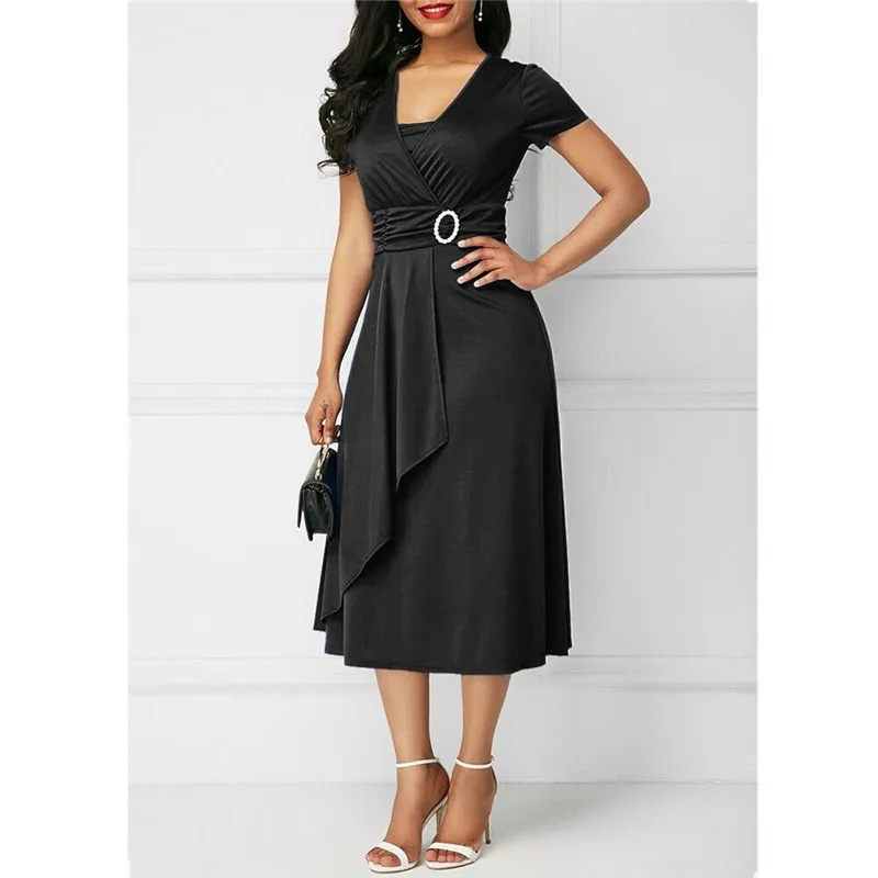 Горячая Распродажа женское вечернее платье миди с v-образным вырезом, летнее эластичное однотонное платье свободного кроя с коротким рукавом размера плюс 5XL - Цвет: Черный