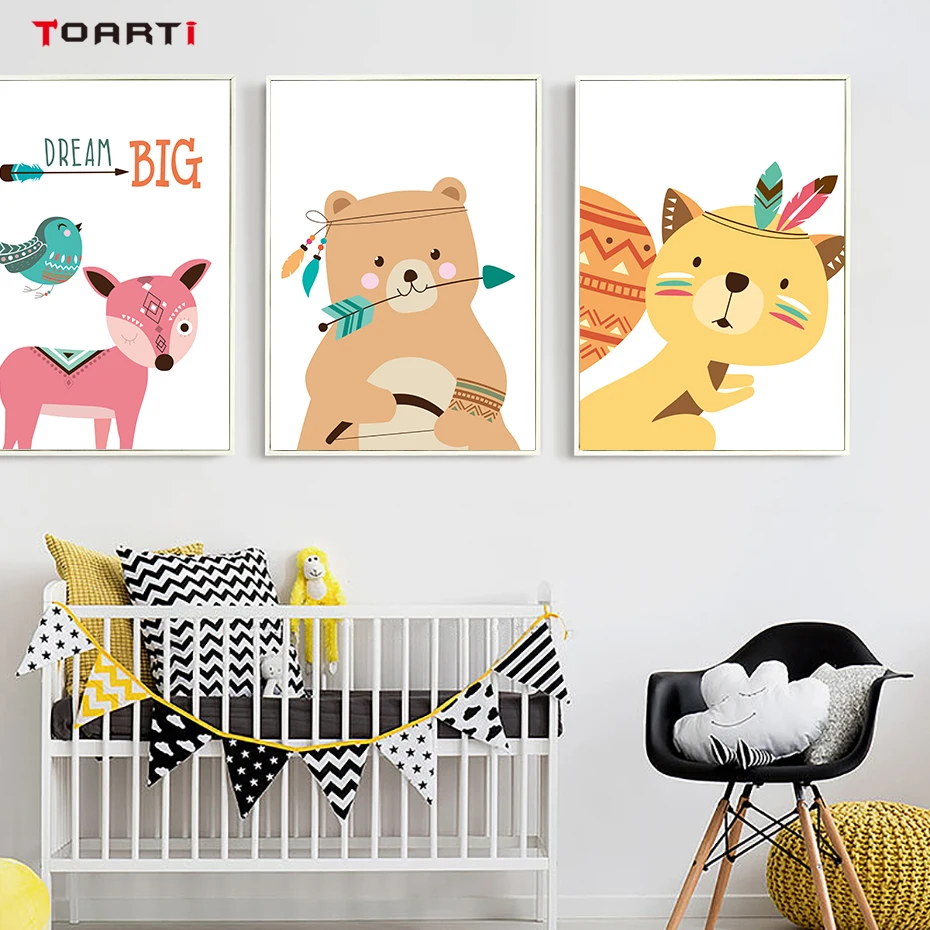 Cartoon Bear Deer Fox Dream Canvas Art Painting  (5)