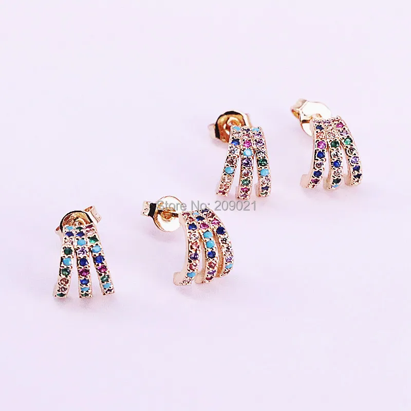 6Pairs New Trendy Gold Color Multicolor Rainbow CZ Stud Earrings Jewelry Gift