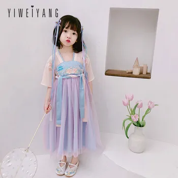 

2019 Summer New Fashion Girl Chinese Style Embroidery Dress Children's Han Dress Sweet and Lovely Girls National Style Dresses