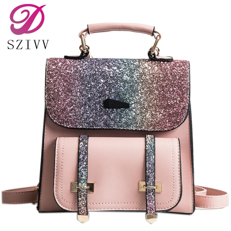 

SZIVV PU Leather Women Back pack 2019 New Fashion Backpack Sequins Small Backpacks For Girls Gold Bag Female Bagpack Send Free