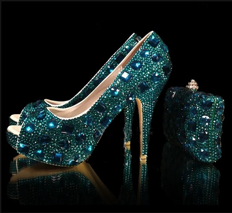 Luxury Peacock Blue Snow Diamond Bridal Weddding Shoes high heels ...