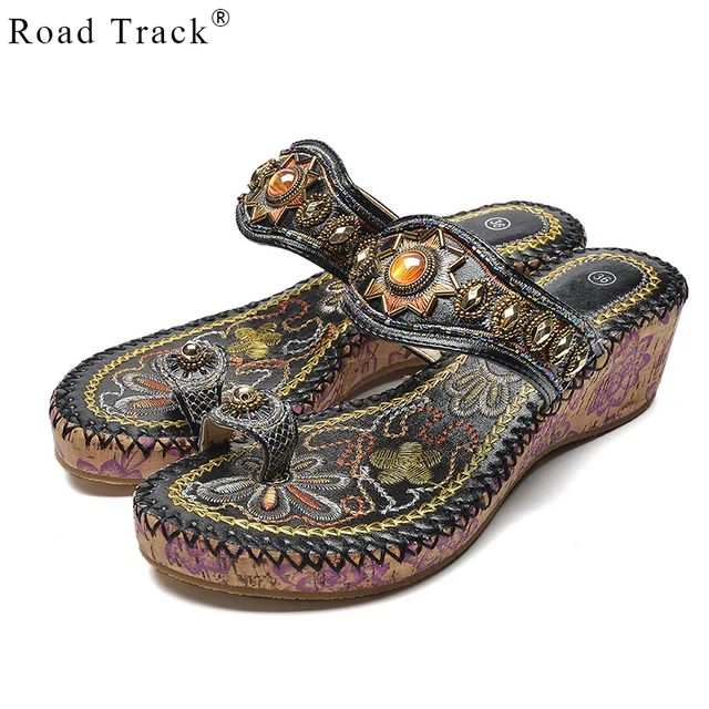 Road Track Bohemian Rhinestone Embroidery Beaded Beach Sandals Platform Shoes Ladies Solid Muffin Bottom Slippers XWA1086-5