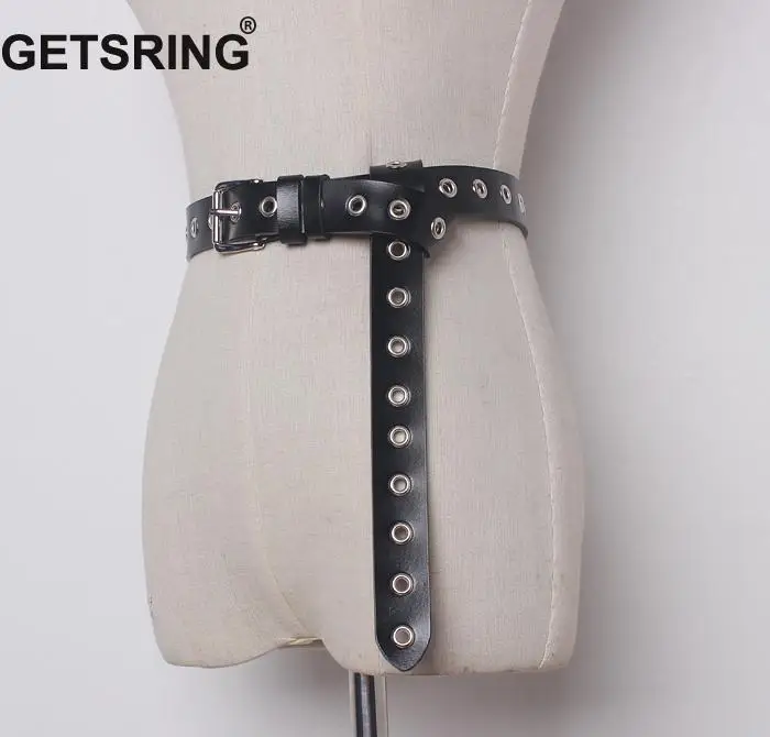 

GETSRING Genuine Leather Women Belt Hollow Rivet Punk Black Waist Belt Top Quality Straps Ceinture Femme All match Simple Belts