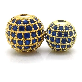 

6mm 8mm 10mm 12mm 14mm 16mm Gold Color Micro Pave Blue CZ Cubic Zirconia Round Beads For Jewlelry Making Spacer Copper Bead