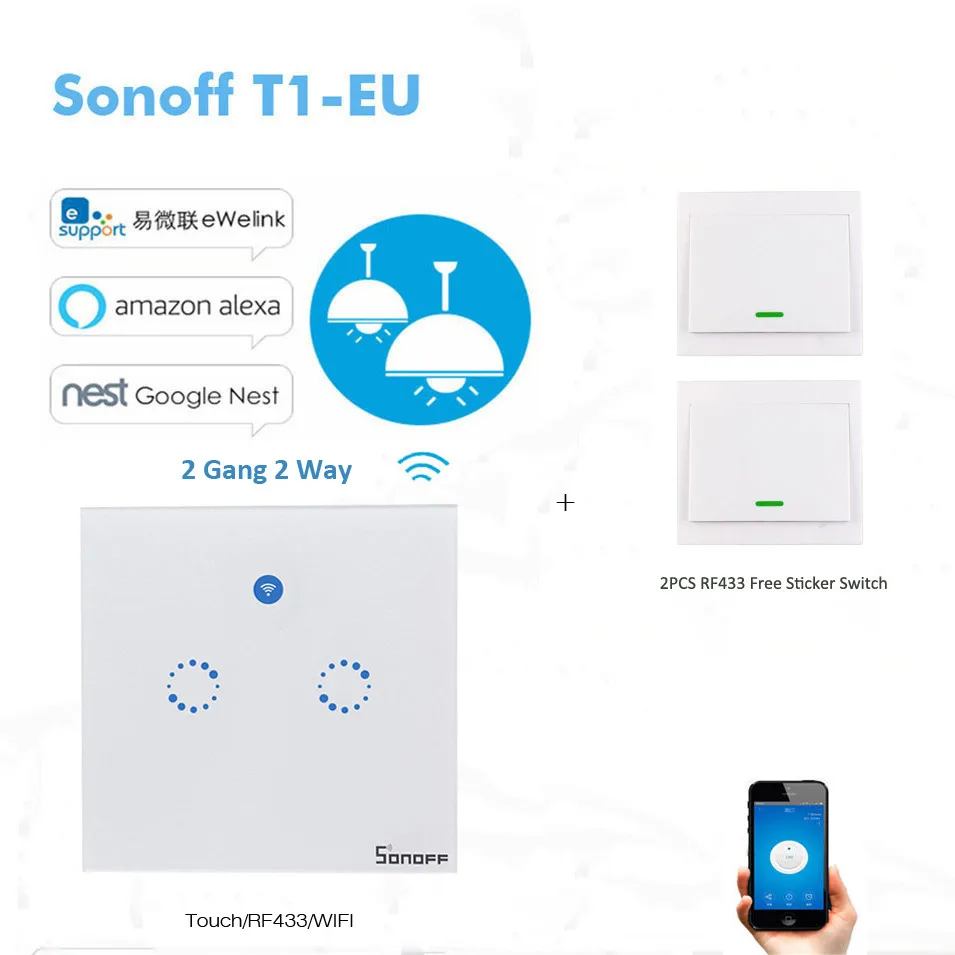 Sonoff T1 Wifi Smart Wall Touch Light Switch EU Standard 2 Gang 2 Gang Touch WiFi 433 RF APP Remote Smart Home Work with Alexa
