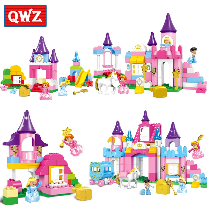 QWZ 50-146Pcs Girl Pink Princess Castle Amusement Park Large Particle Block Brick Toy Compatible With Duplo Kids Christmas Gifts