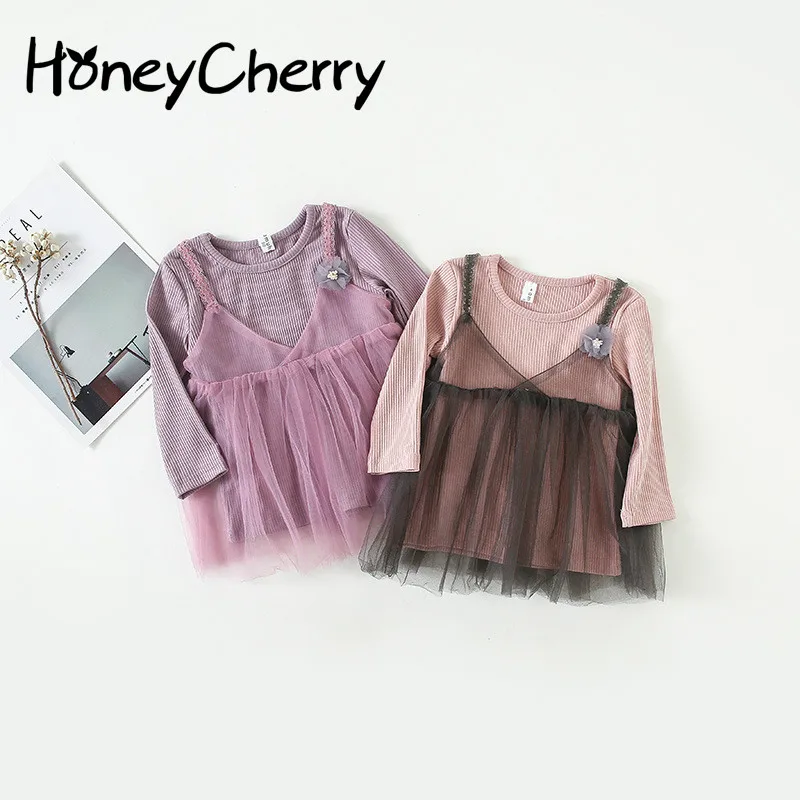 

Fall Girl Baby Long Sleeved Yarn dress Two Piece 2019 New Fashion Dress Set Baby Girl Clothes Party Dresses