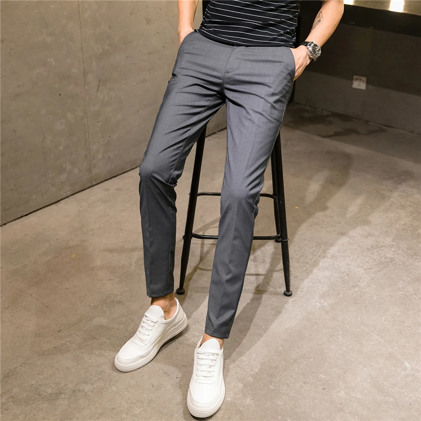 Однотонная одежда мужская формальная костюм брюки Slim Fit Бизнес Man Брюки Размеры 28-36 Молодежные мужские рабочие брюки