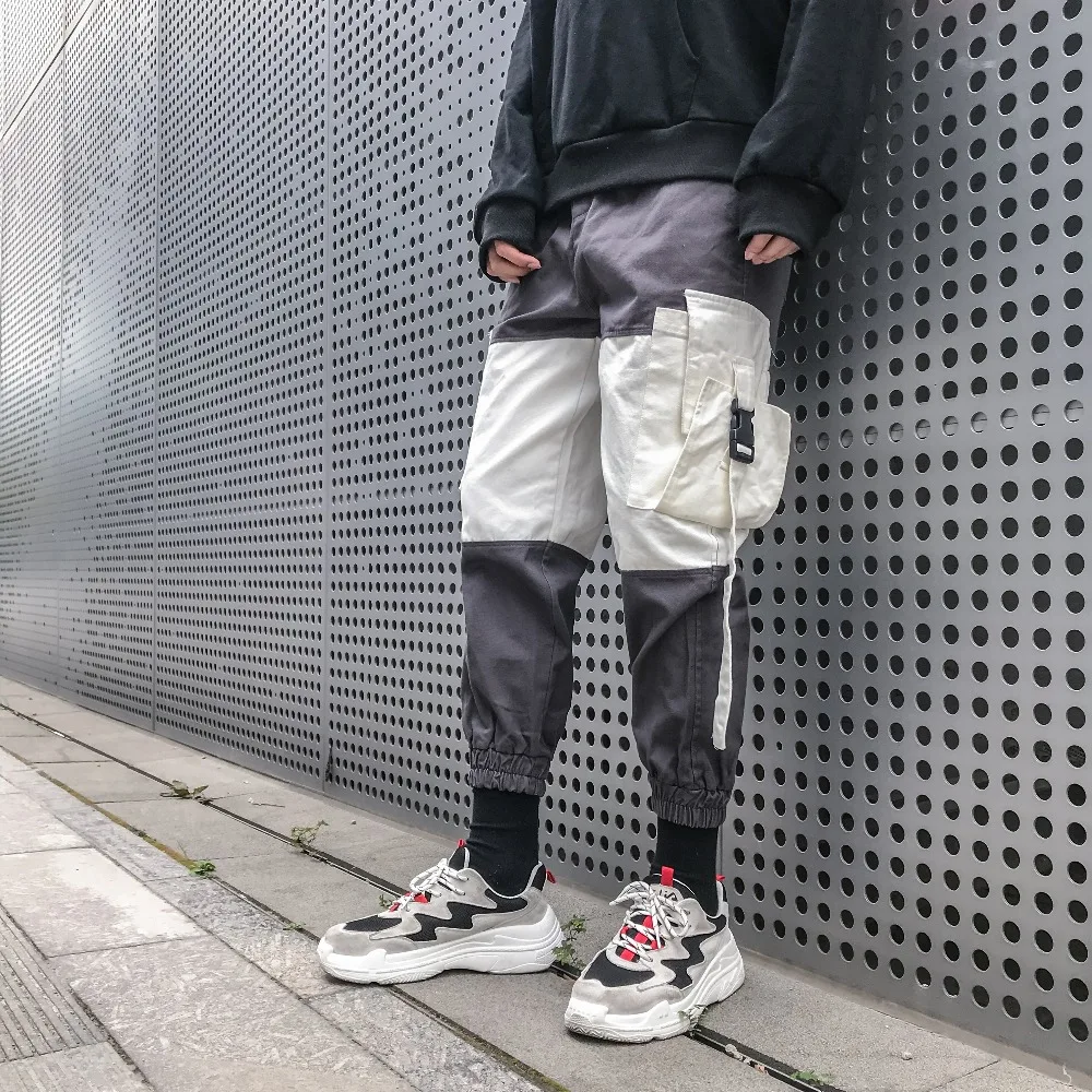 

DIAOOAID 2018 new streetwear personality men pants splice Drawstring Big pocket male fashion hiphop loose quality trousers