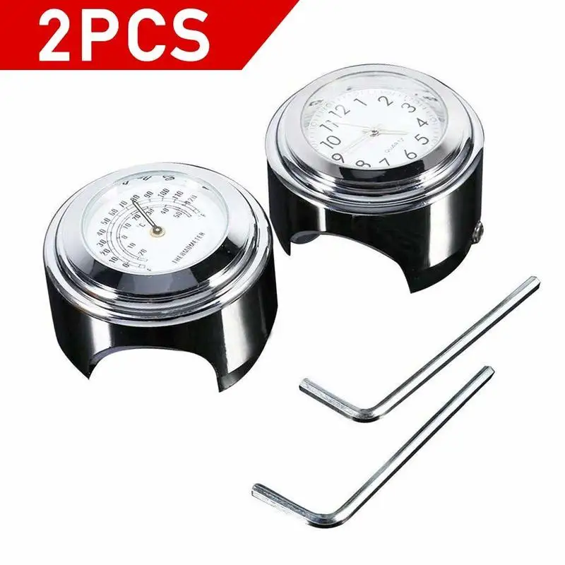

7/8" 1" Motorcycle Handlebar Dial Clock & Thermometor Waterproof Glossy for Cruiser Chopper(Pack of 2)