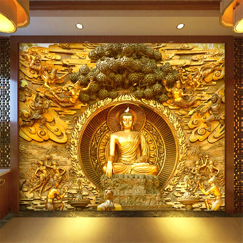 

Free Shipping Golden Buddha Buddhist Temple Mural Custom Large Living Room Screen Background Wall Wallpaper 3D Stereo Wallpaper