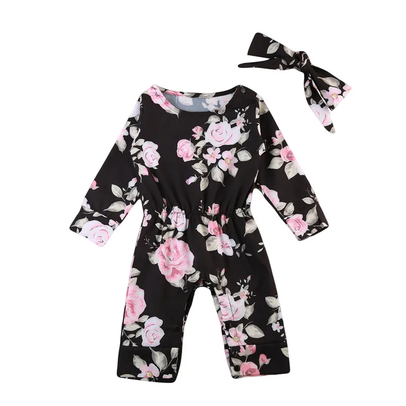 

Baby Kids Boys Girls Clothes long sleeve round neck Floral print Romper Bow Headband 2pc Toddler Cotton newborn cute Outfit